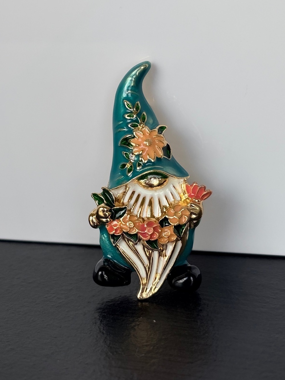 Teal Floral Gnome Enamel Brooch